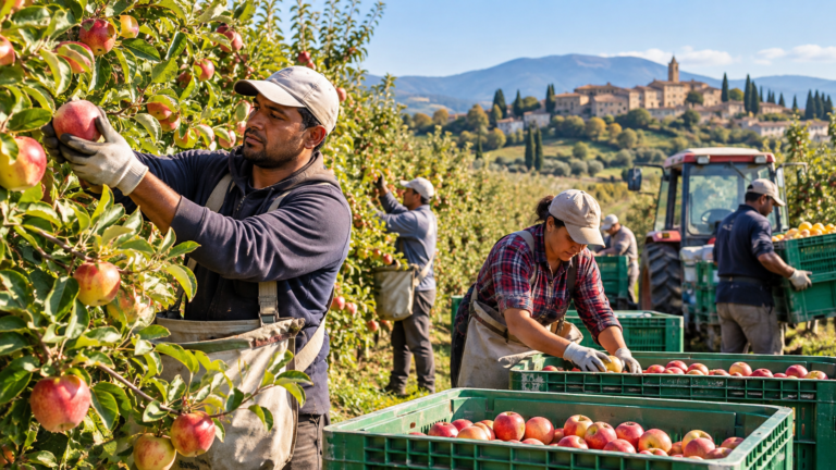 Italy Farm Jobs 2026 – Seasonal Agricultural Work and Visa Guide, workers harvesting fruit on an Italian farm.